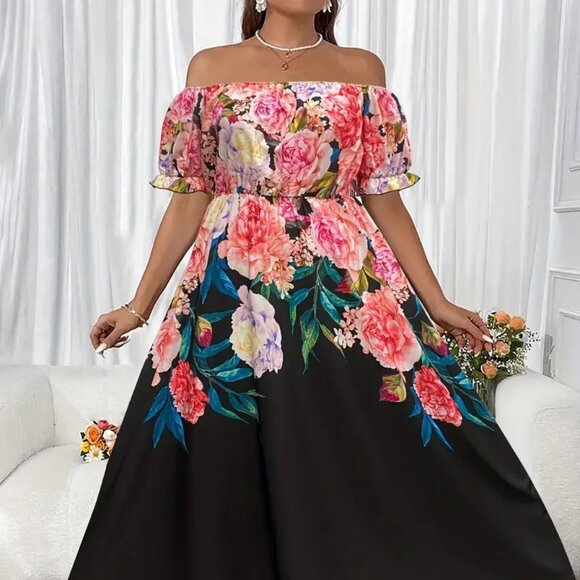 Women Plus Size Off the Shoulder Floral Print Vacation Summer Getaway Dress 16W - Picture 1 of 10